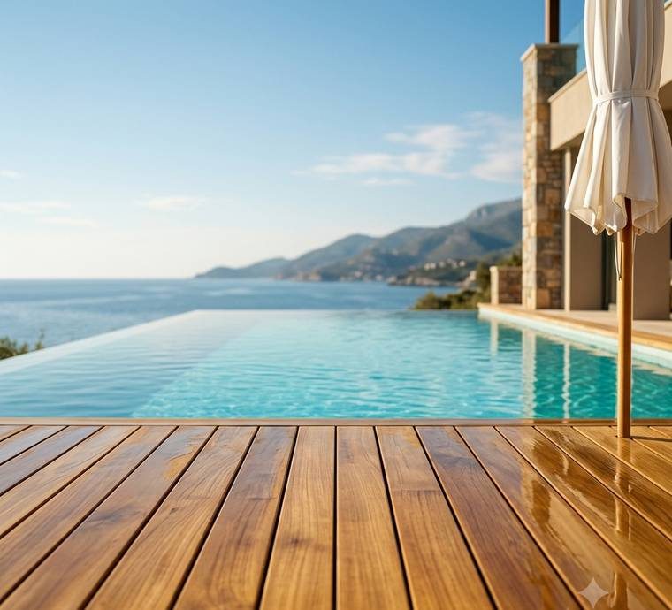 Solid teak terrace beside an infinity pool overlooking the sea