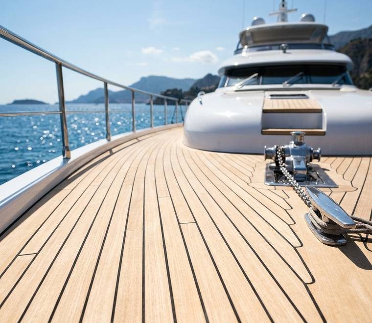 Teak foredeck on a motor yacht, Mediterranean coast behind