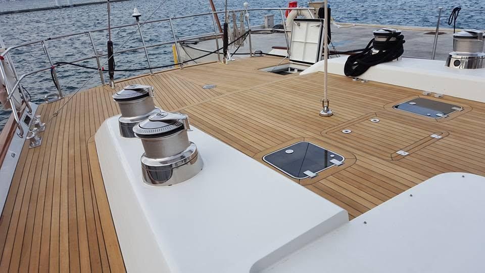 Replaced teak deck on a sailing yacht foredeck
