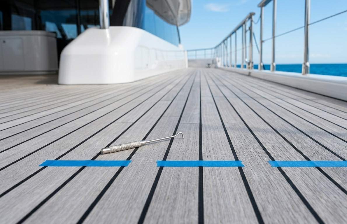 Weathered teak deck marked up during a technical survey