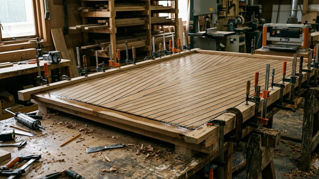 Prefabricated teak deck panel held in clamps on a workbench in a marine joinery workshop.