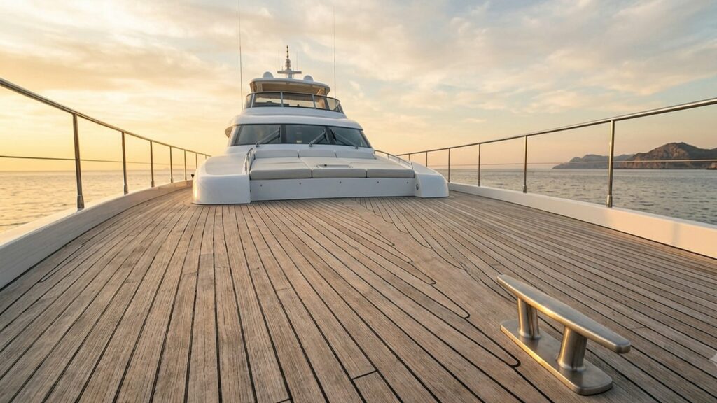 Solid teak foredeck of a motor superyacht with an even patina and tight caulked seams.