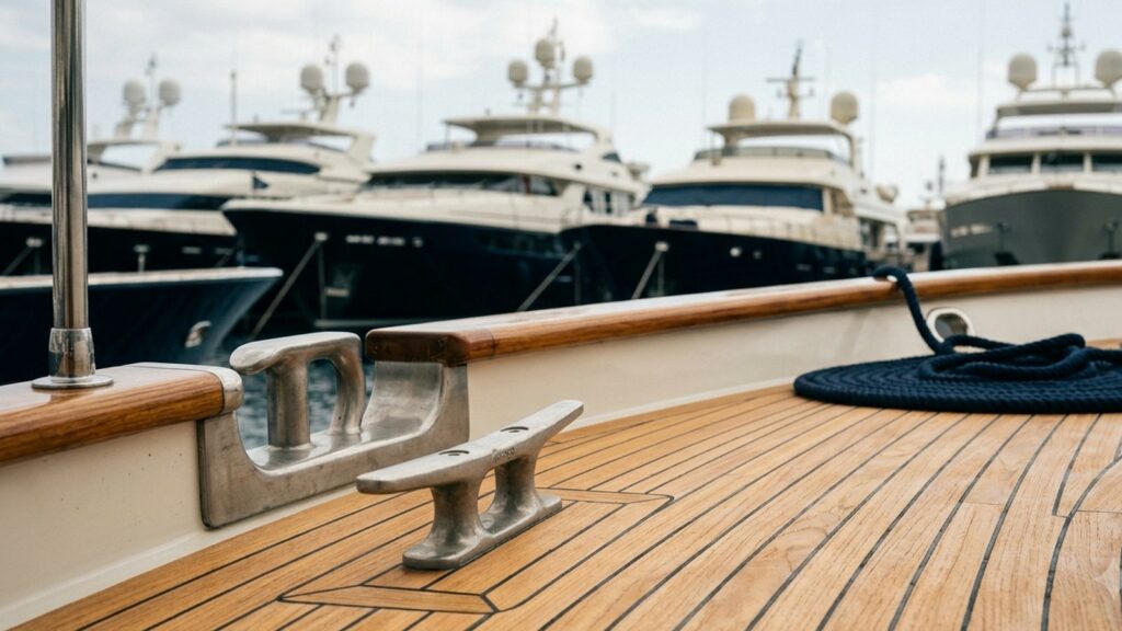 Detail of a teak deck and cleat aboard a motor yacht in a marina of superyachts.
