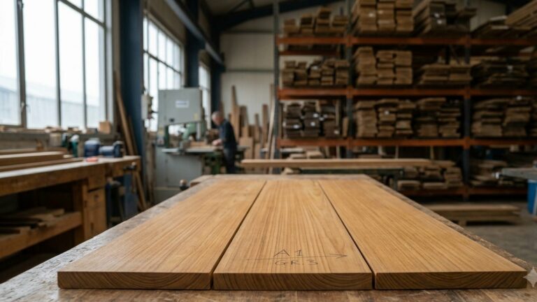 Teak boards being selected and graded on a workbench in a marine joinery workshop.