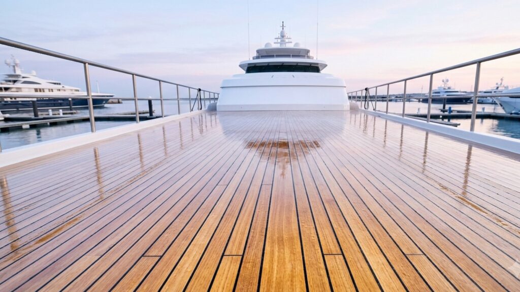Freshly rinsed teak deck of a motor yacht at a marina, water beading in the caulk seams.
