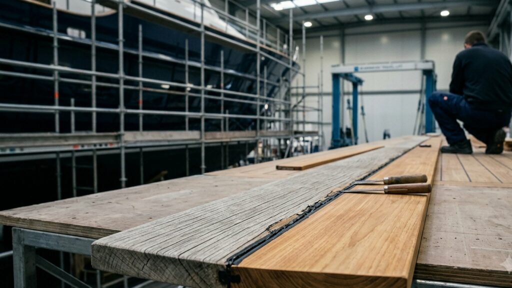 Weathered grey teak plank beside a freshly fitted plank on a superyacht in refit.