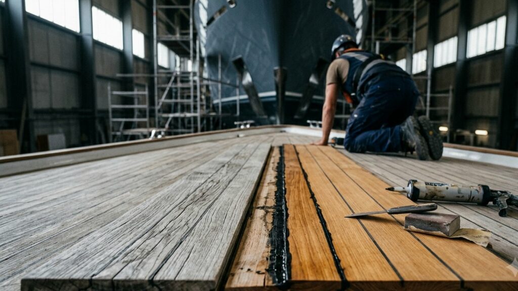 Craftsman renewing a caulk seam beside old and new teak planks in a superyacht refit hall.