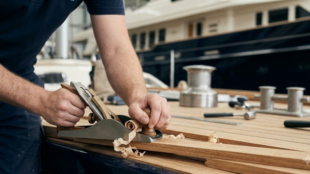 Craftsman hand-finishing new teak planking on a motor yacht during a refit.