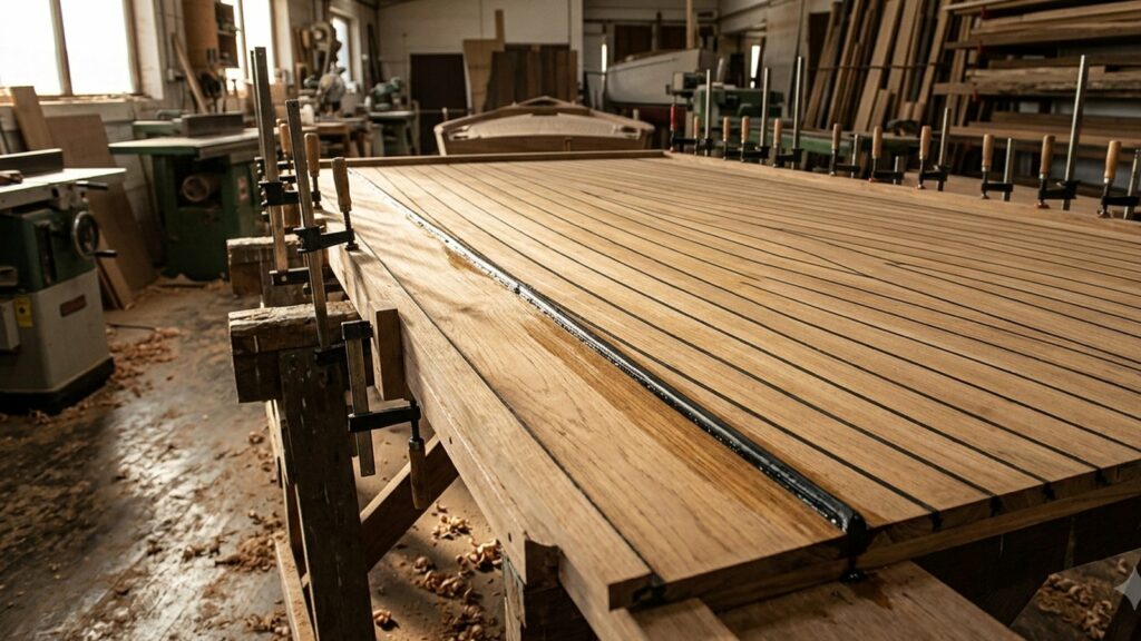 Close-up of a fresh black caulk seam being laid between teak deck planks in a workshop.