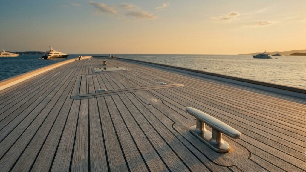 Wide teak deck of a motor yacht with a stainless cleat, other yachts anchored beyond.